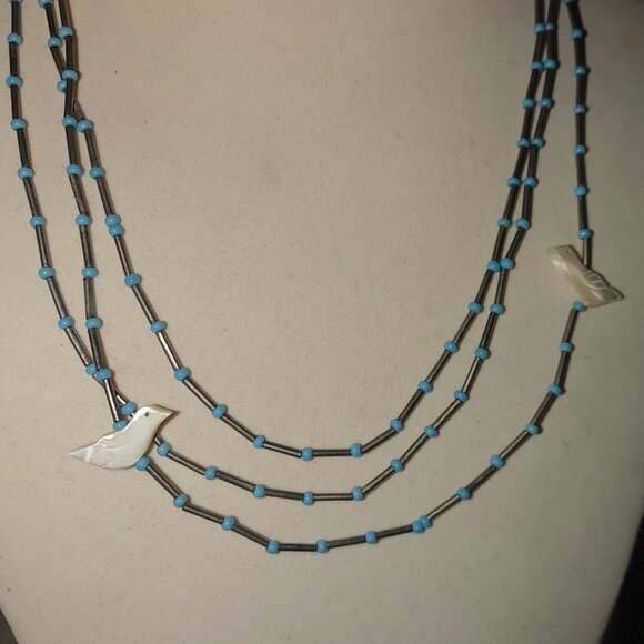 Vintage Fetish Multi Strand Necklace Turquoise Silver 925 Bead Mother Of Pearl - Picture 7 of 9